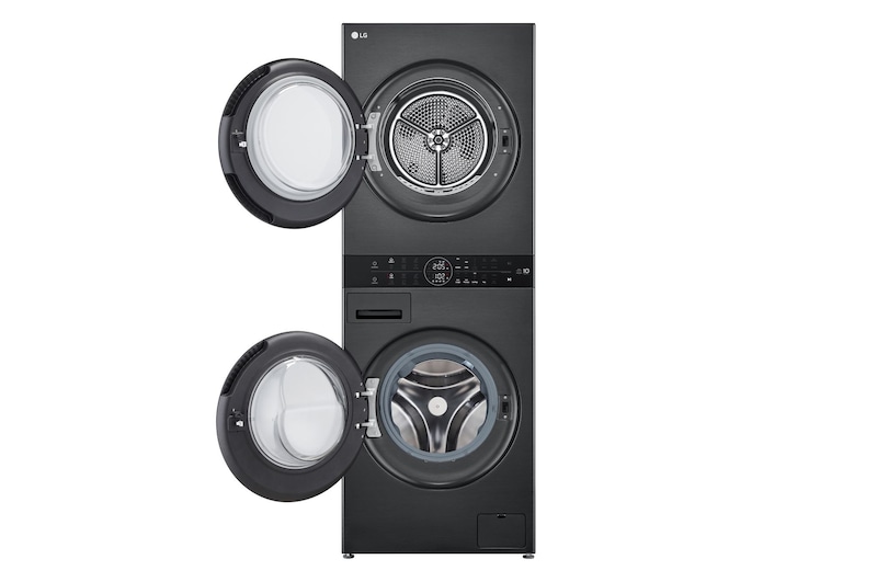 WashTower Colonna Bucato LG WT1210BBF vista con sportelli aperti, che mostra l’accesso separato a lavatrice e asciugatrice.