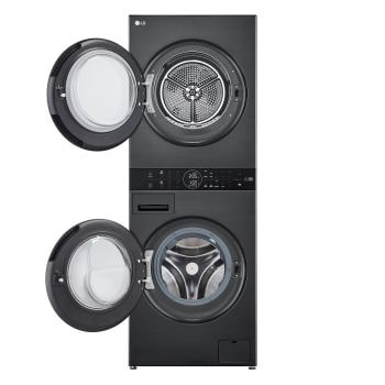 WashTower Colonna Bucato LG WT1210BBF vista con sportelli aperti, che mostra l’accesso separato a lavatrice e asciugatrice.