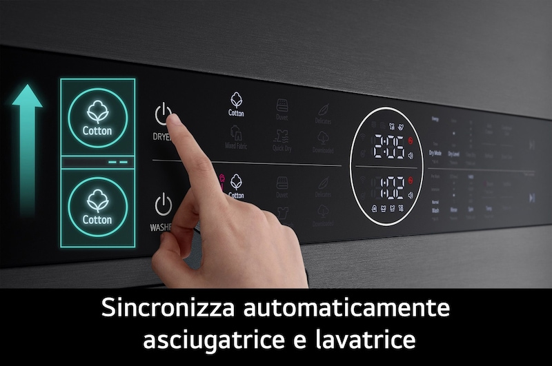 Primo piano del pannello di controllo della WashTower Colonna Bucato LG WT1210BBF con mano che seleziona i programmi, mostrando la sincronizzazione automatica tra asciugatrice e lavatrice.