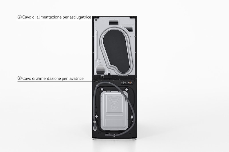Vista posteriore della WashTower Colonna Bucato LG WT1210BBF con indicazione dei cavi di alimentazione separati per asciugatrice e lavatrice.
