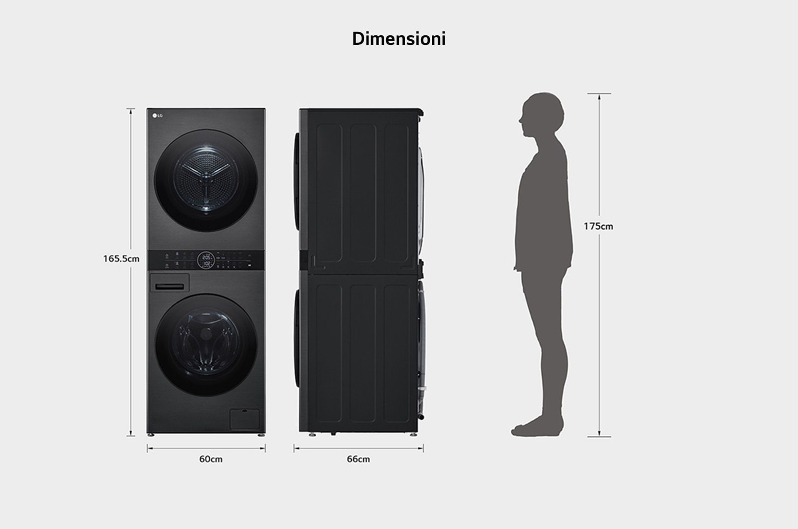 Schema dimensionale della WashTower Colonna Bucato LG WT1210BBF con misure di altezza, larghezza e profondità, confrontata con l’altezza di una persona.