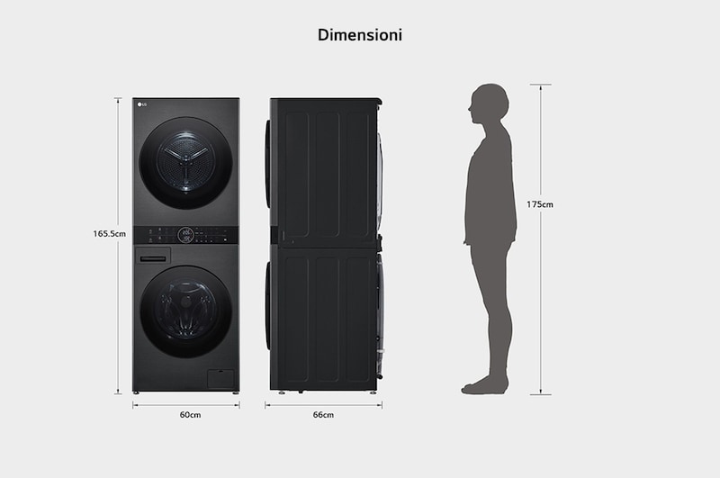 Schema dimensionale della WashTower Colonna Bucato LG WT1210BBF con misure di altezza, larghezza e profondità, confrontata con l’altezza di una persona.