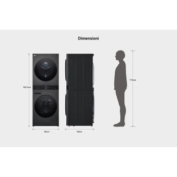 Schema dimensionale della WashTower Colonna Bucato LG WT1210BBF con misure di altezza, larghezza e profondità, confrontata con l’altezza di una persona.