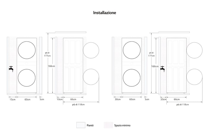 Schema di installazione della WashTower Colonna Bucato LG WT1210BBF con spazi minimi richiesti attorno all’elettrodomestico per il corretto posizionamento.