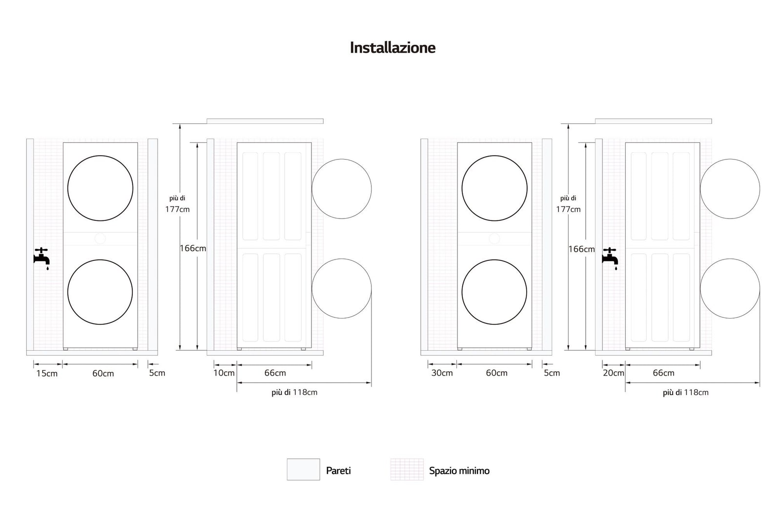 Schema di installazione della WashTower Colonna Bucato LG WT1210BBF con spazi minimi richiesti attorno all’elettrodomestico per il corretto posizionamento.