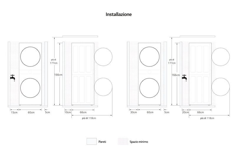 Schema di installazione della WashTower Colonna Bucato LG WT1210BBF con spazi minimi richiesti attorno all’elettrodomestico per il corretto posizionamento.
