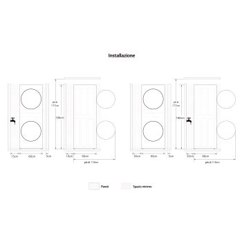 Schema di installazione della WashTower Colonna Bucato LG WT1210BBF con spazi minimi richiesti attorno all’elettrodomestico per il corretto posizionamento.
