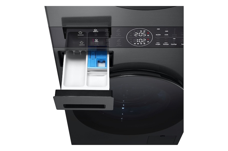 WashTower Colonna Bucato LG WT1210BBF con cassetto detersivo aperto e vano di carico in evidenza, vista frontale del pannello superiore.