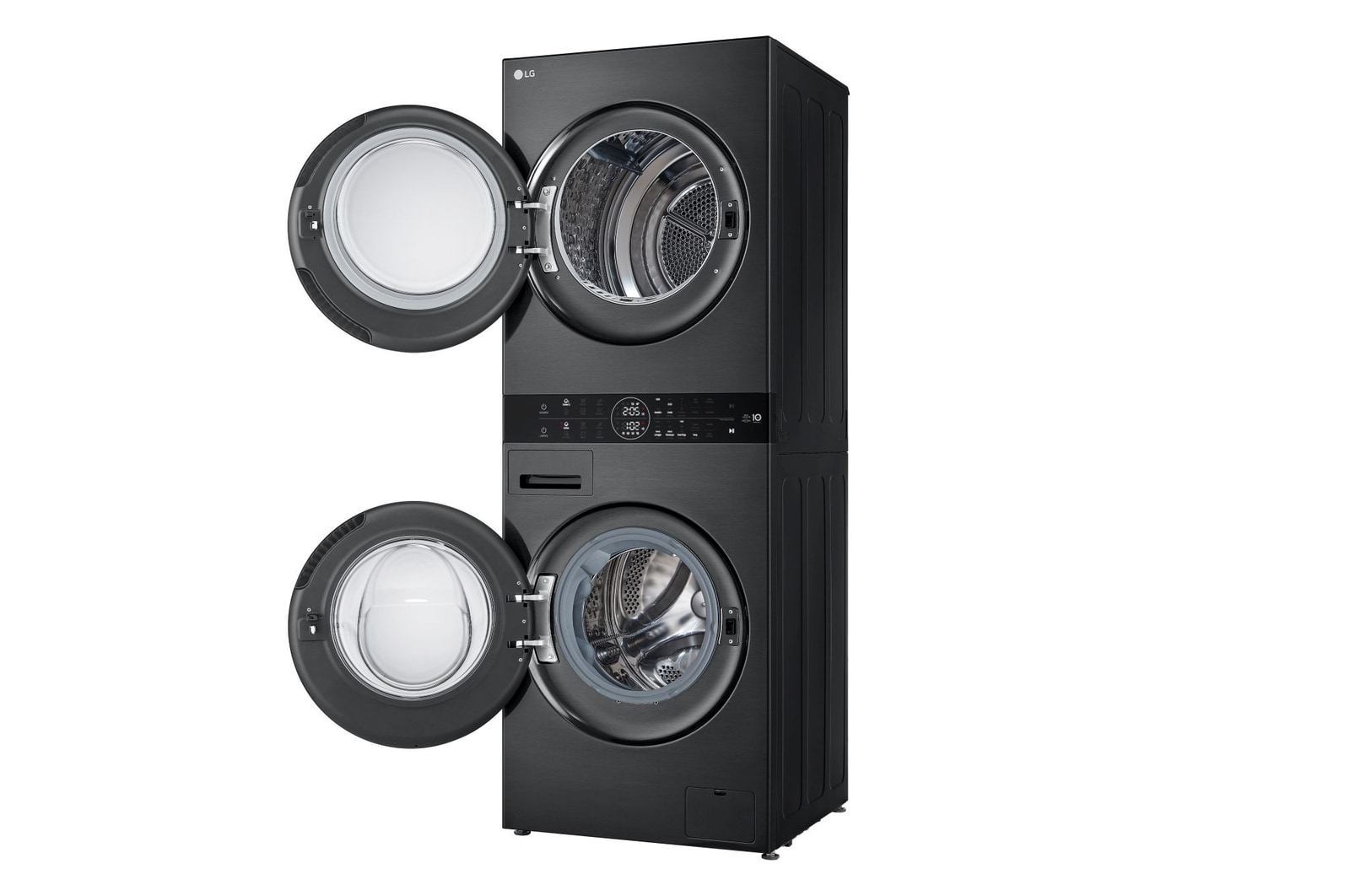 WashTower Colonna Bucato LG WT1210BBF con sportelli aperti, che mostra l’interno del cestello superiore e inferiore in vista prospettica.