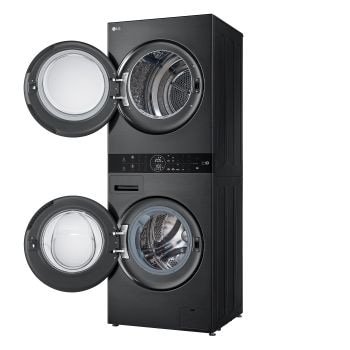 WashTower Colonna Bucato LG WT1210BBF con sportelli aperti, che mostra l’interno del cestello superiore e inferiore in vista prospettica.