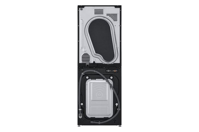 Vista posteriore della WashTower Colonna Bucato LG WT1210BBF con pannelli tecnici, tubi di collegamento e componenti interni visibili.