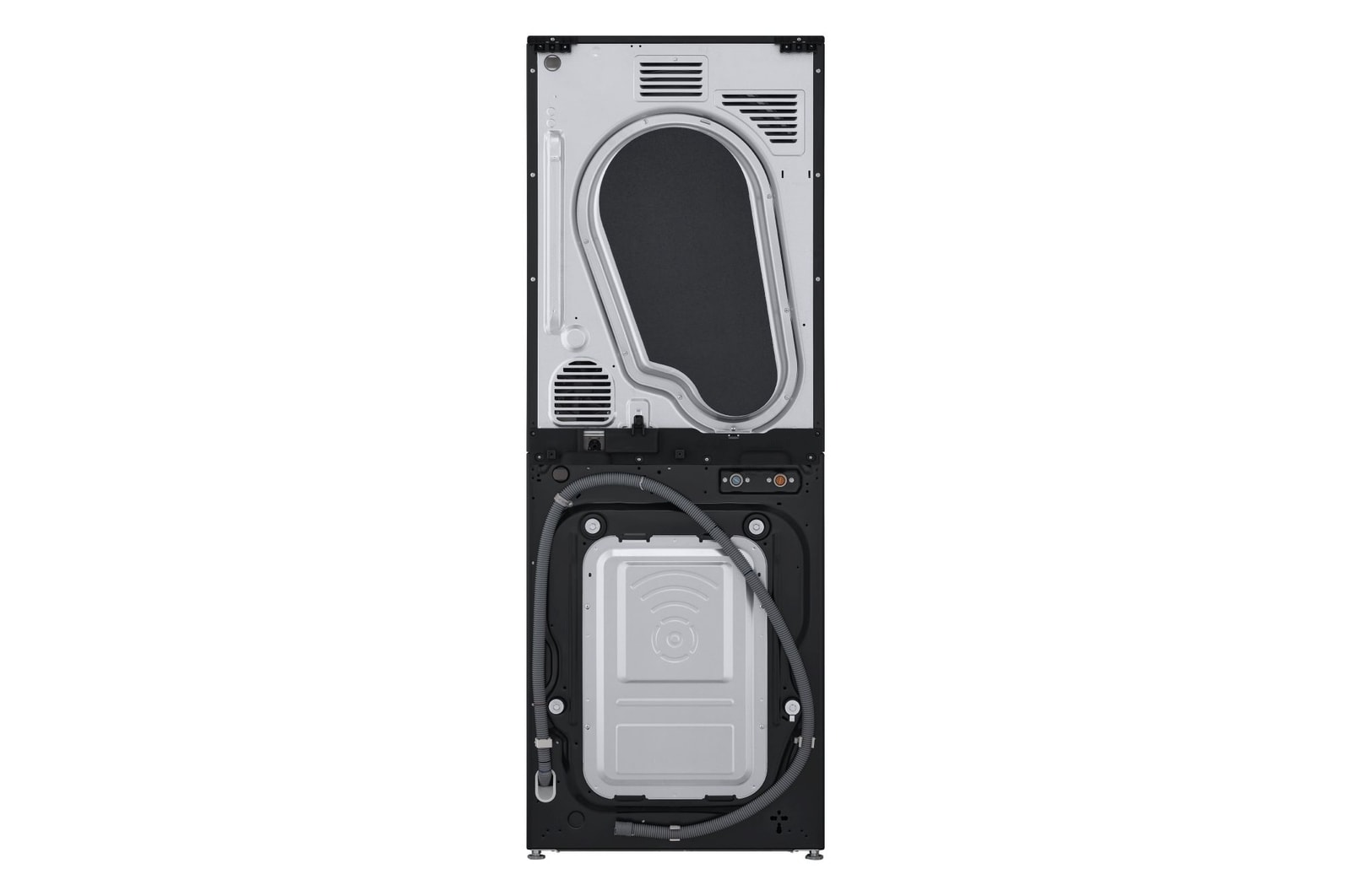 Vista posteriore della WashTower Colonna Bucato LG WT1210BBF con pannelli tecnici, tubi di collegamento e componenti interni visibili.
