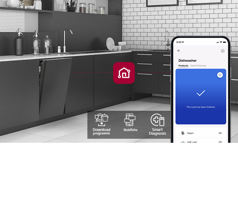 Immagine di uno smartphone su cui c'è l'app LG ThinQ™ con 3 funzionalità: download programmi, notifiche e Smart Diagnosis. Sullo sfondo c'è una cucina arredata.
