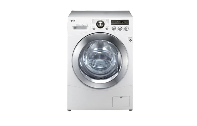 Vista frontale di 8kg 6 motion Direct Drive di LG, 1000 giri : la prima lavatrice che lava come le tue mani in dimensioni standter Direct Drive garantito 10 anniard e con motore Inver F1081TD