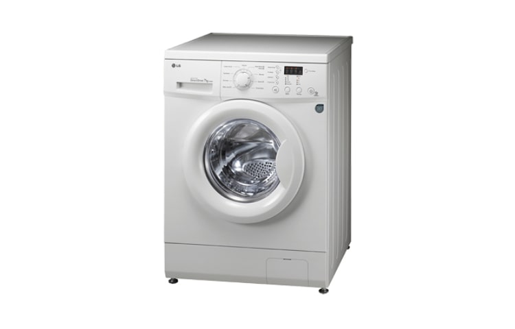 Vista frontale di 7kg Direct Drive di LG, 1200 giri : la prima lavatrice che lava come le tue mani in dimensioni standard e con motore Inverter Direct Drive garantito 10 anni F1291QD