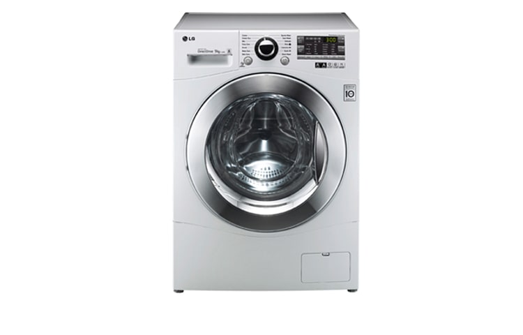 Vista frontale di 9kg 6 motion Direct Drive di LG, 1200 giri,: lava come le tue mani in dimensioni standard, con motore Inverter Direct Drive garantito 10 anni F12A8FD