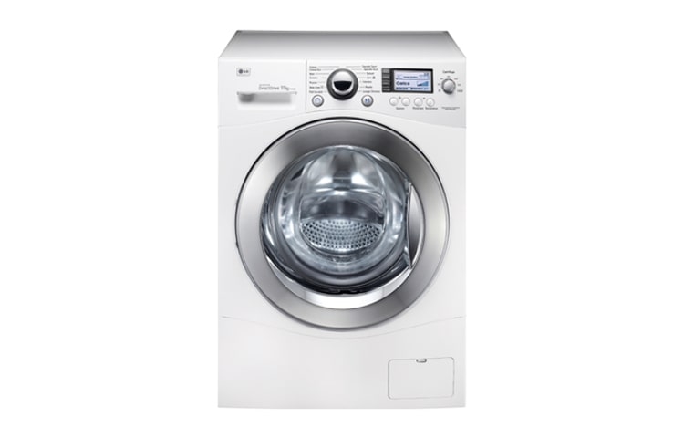 Vista frontale di F1443KD 11kg 6 motion Direct Drive di LG, 1400 giri : la prima lavatrice che lava come le tue mani in dimensioni standard e con motore Inverter Direct Drive garantito 10 anni F1443KD