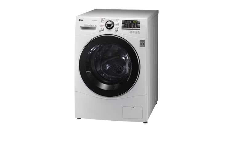Vista frontale di 9kg a vapore 6 motion Direct Drive di LG, 1400 giri: lava come le tue mani, igienizza già a 30°, in dimensioni standard, con motore Inverter Direct Drive garantito 10 anni F14A8FDS