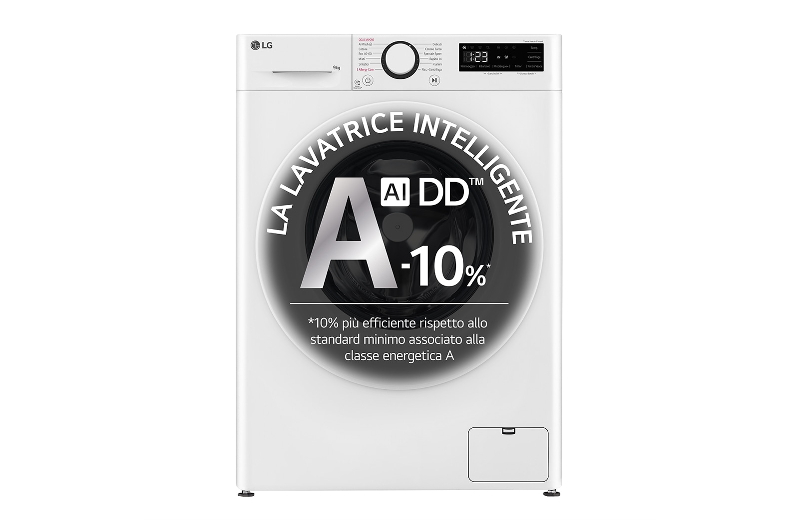Vista frontale di Lavatrice slim 9kg AI DD™ | Serie R3 Classe A-10% | 1200 giri, Lavaggio a vapore, Lavaggio con AI, Motore Direct Drive | White F2R3S09NSWW