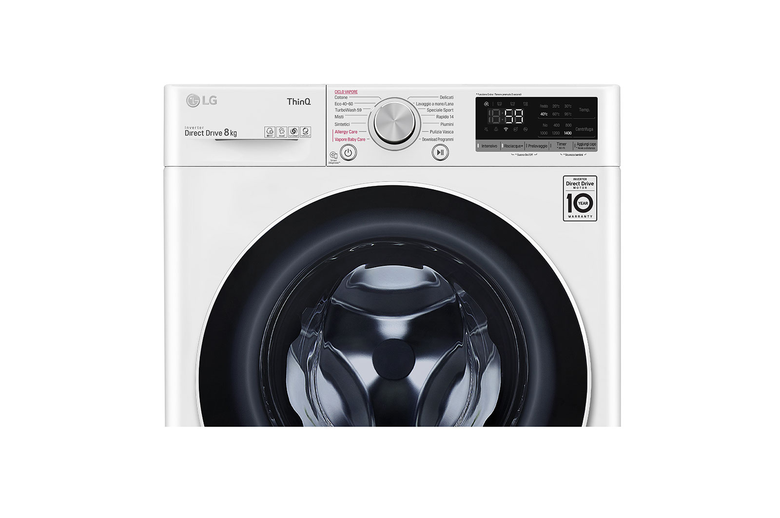 LG Lavatrice 8kg AI DD™ | Serie V5 Classe C | 1400 giri, TurboWash, Lavaggio a vapore, Wi-Fi | White, F4WV508S0E