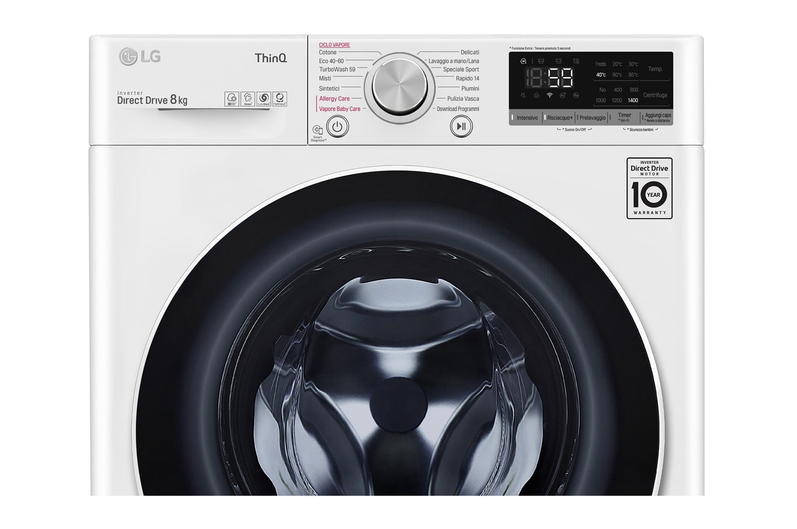 LG Lavatrice 8kg AI DD™ | Serie V5 Classe B | 1400 giri, TurboWash, Lavaggio a vapore, Wi-Fi | White, F4WV508S1B