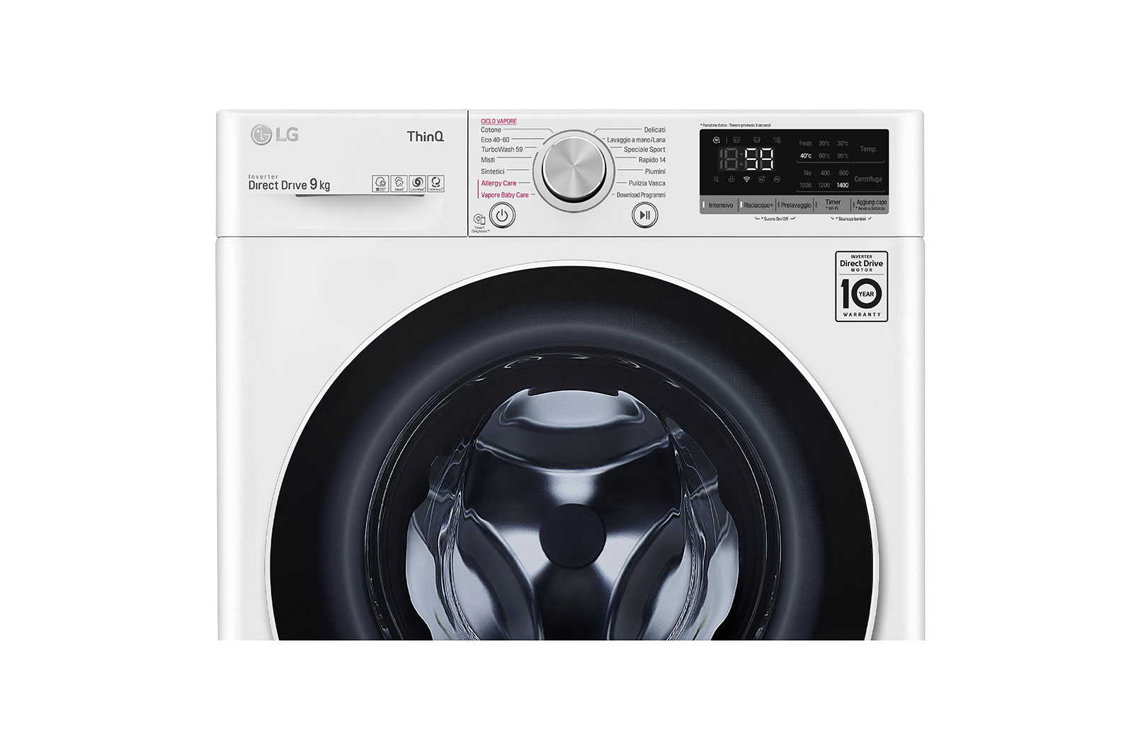 LG Lavatrice 9kg AI DD™ | Serie V5 Classe B | 1400 giri, TurboWash, Lavaggio a vapore, Wi-Fi | White, F4WV509S0E