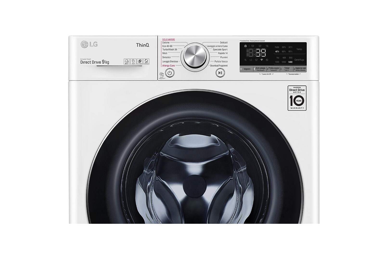 LG Lavatrice 9kg AI DD™ | Serie V7 Classe A/A/A | 1400 giri, TurboWash 360, Lavaggio a vapore, Wi-Fi | White, F4WV709S2E