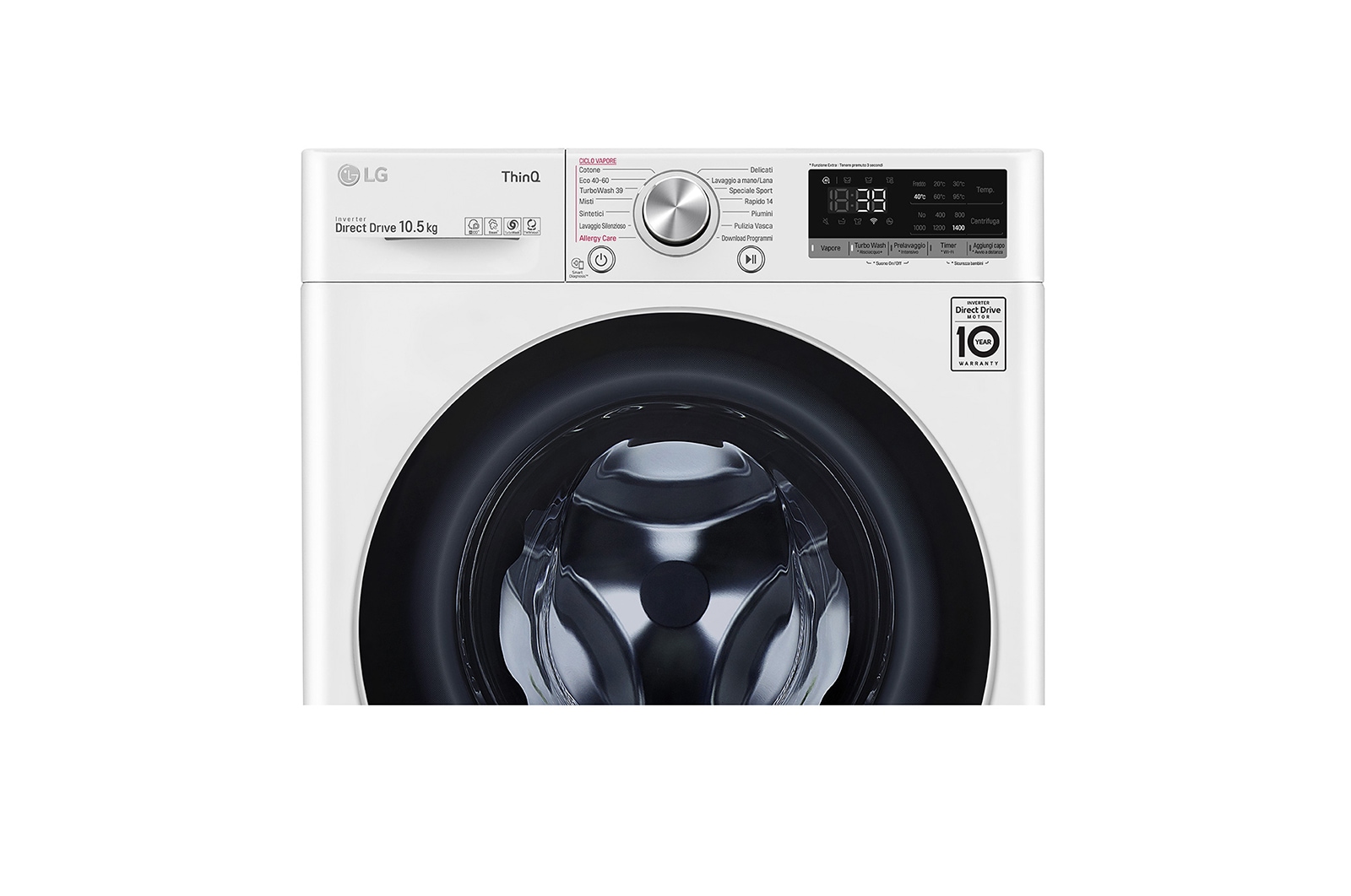 LG Lavatrice 10,5kg AI DD™ | Serie V7 Classe A/A/A | 1400 giri, TurboWash 360, Lavaggio a vapore, Wi-Fi | White, F4WV710S1E