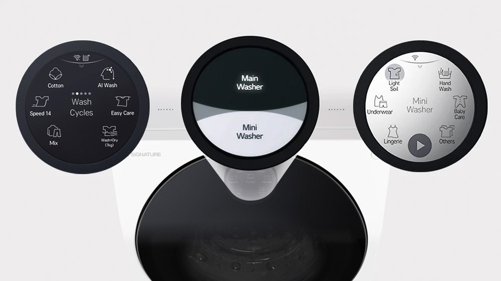 Mostra tre scatti dettagliati del display: il display predefinito per selezionare la lavatrice principale o mini, il display della lavatrice principale e il display della mini lavatrice.