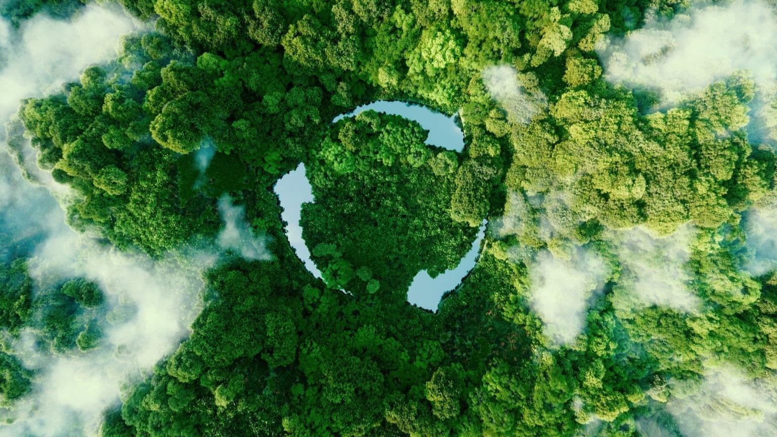 Better Earth obiettivo di sostenibilità LG per il pianeta: immagine di un paesaggio verde visto dall’alto con un simbolo sostenibile.