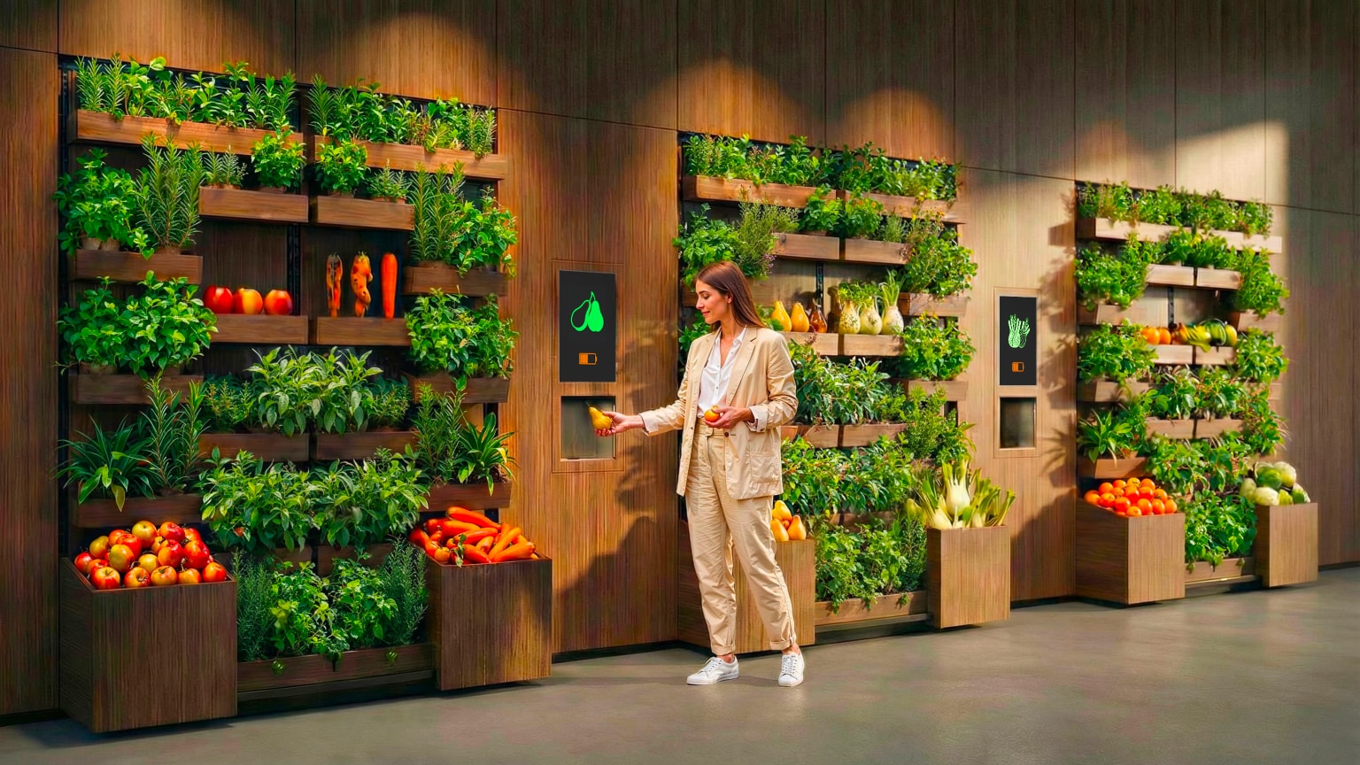 Design Week di Milano e Fuorisalone 2026, immagine di LG in fiera con una donna che guarda installazione intelligente LG tra piante, frutta e verdura.