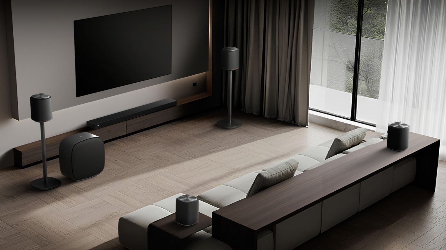 Sistema audio surround personalizzato LG sound suite nella stanza col TV per un’esperienza audio immersiva.