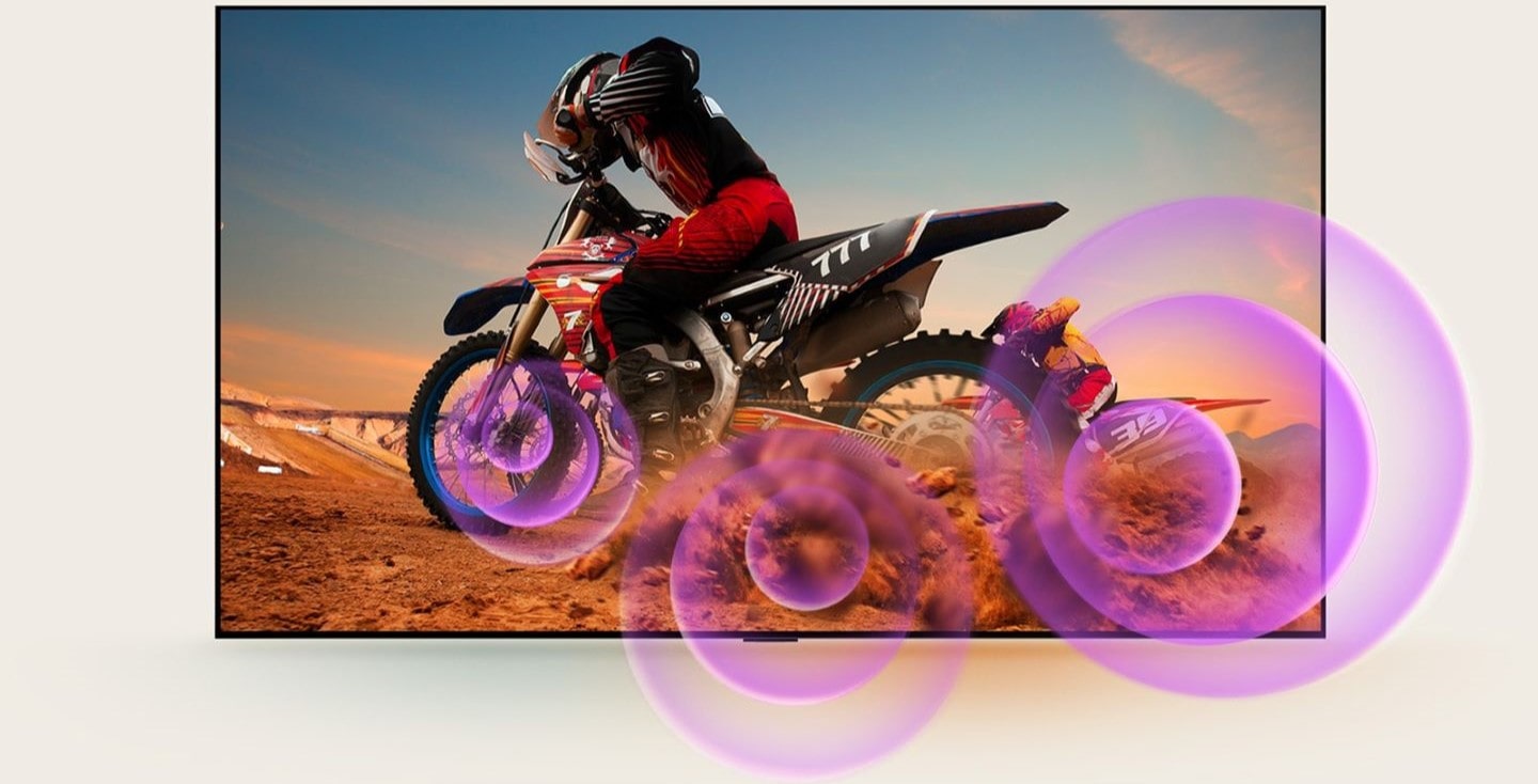 tv oled con miglior audio: immagine di un TV Oled B5 LG, che mostra un motociclista e le funzionalità immersive di AI Sound Pro.