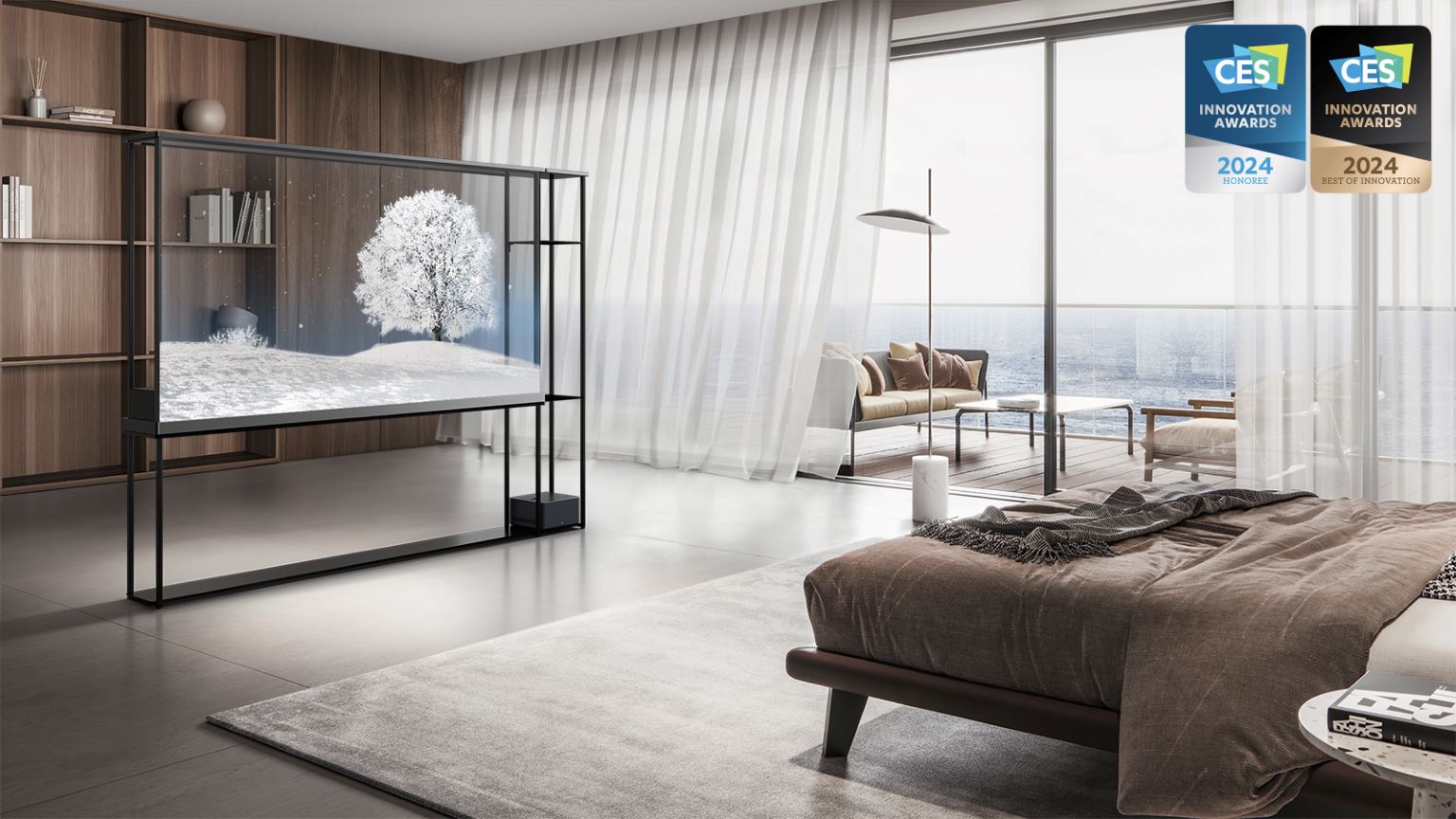 Immagine con il tv trasparente LG signature oled t in una camera da letto.