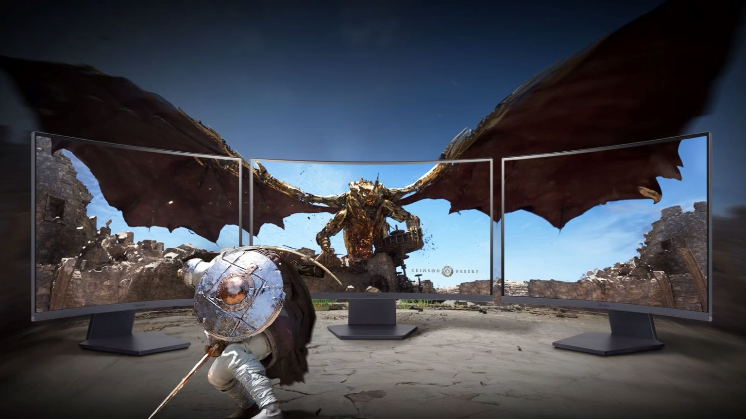 Immagine di 3 Monitor per gaming LG con schermo curvo, che mostra l’esperienza immersiva di un combattente contro un drago