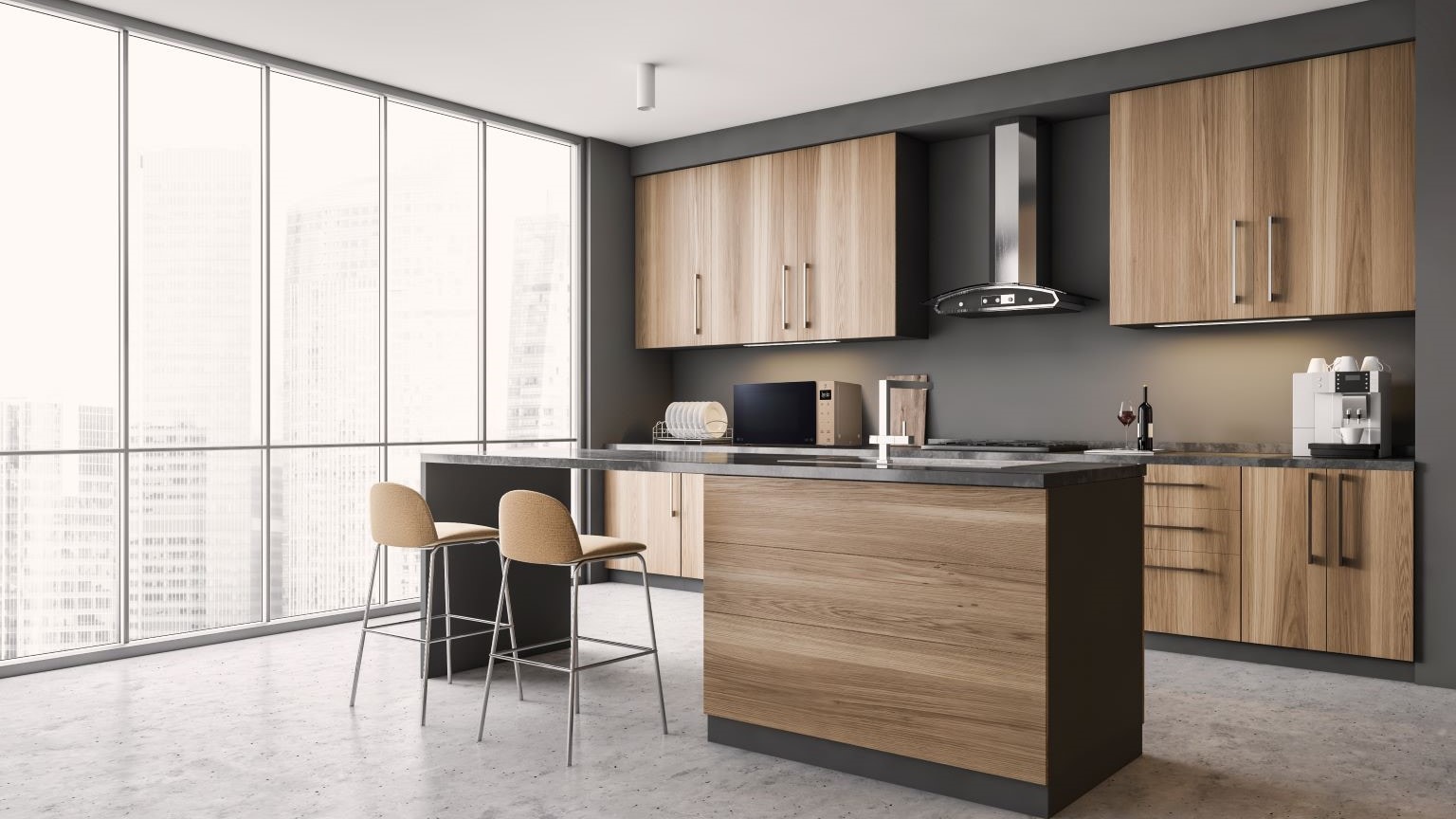 Stile scandinavo: immagine di una cucina in stile scandinavo con elementi in legno e una grande vetrata.