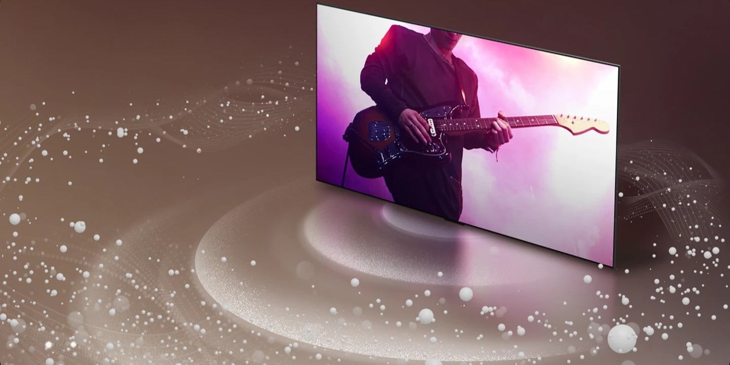 Tv con audio migliore, immagine di un TV LG, che mostra un chitarrista che suona e diffonde un audio multidimensionale.