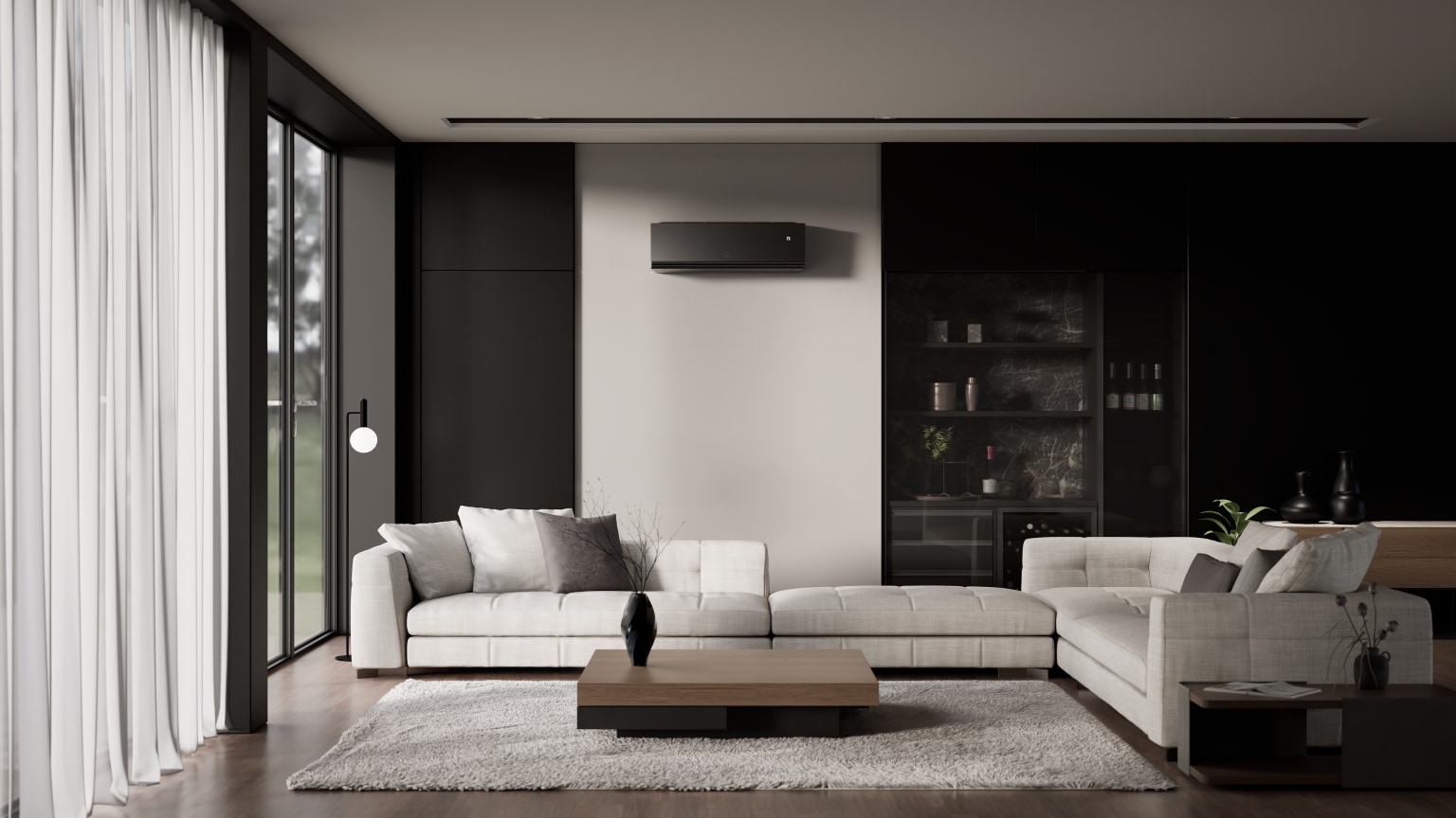 cosa spegnere per proteggere casa prima di un viaggio: immagine di un salone con il climatizzatore LG Artcool AI