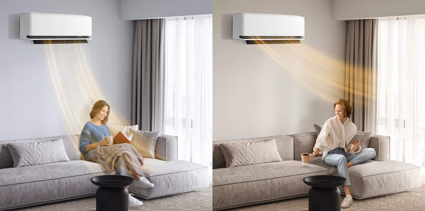 Qualità dell’aria in casa, doppia immagine di una donna in salotto sul divano, che regola l’aria di casa con il condizionatore LG in due stagioni differenti dell’anno.