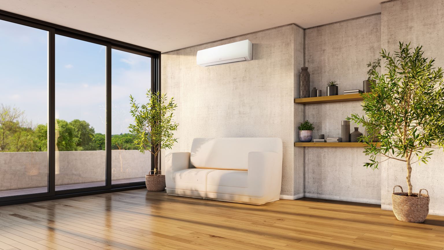 Qualità dell’aria indoor, immagine di un salotto finestrato con divano e condizionatore DUALCOOL LG installato a parete.