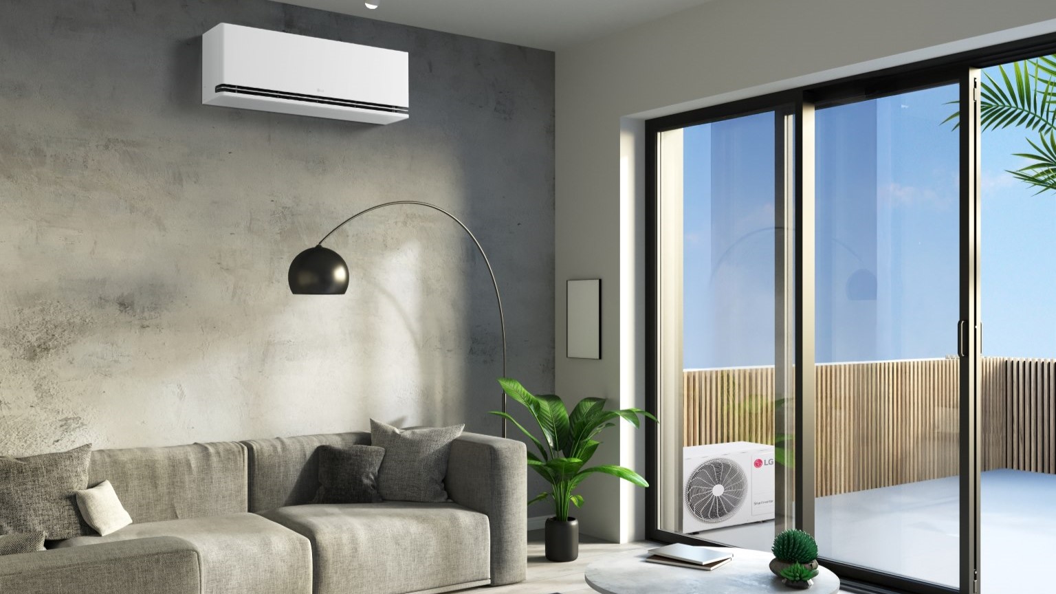 Modalità Cool, Dry e Fan: immagine di una stanza con il condizionatore LG dualcool premium e unità esterna