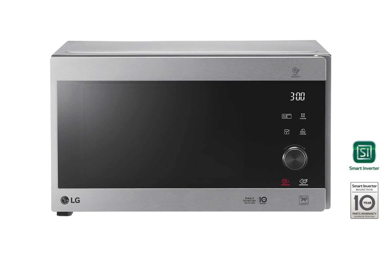 Vista frontale di LG microonde Smart Inverter Grill 25 litri Potenza 1150W Colore Inox MH6565CPS