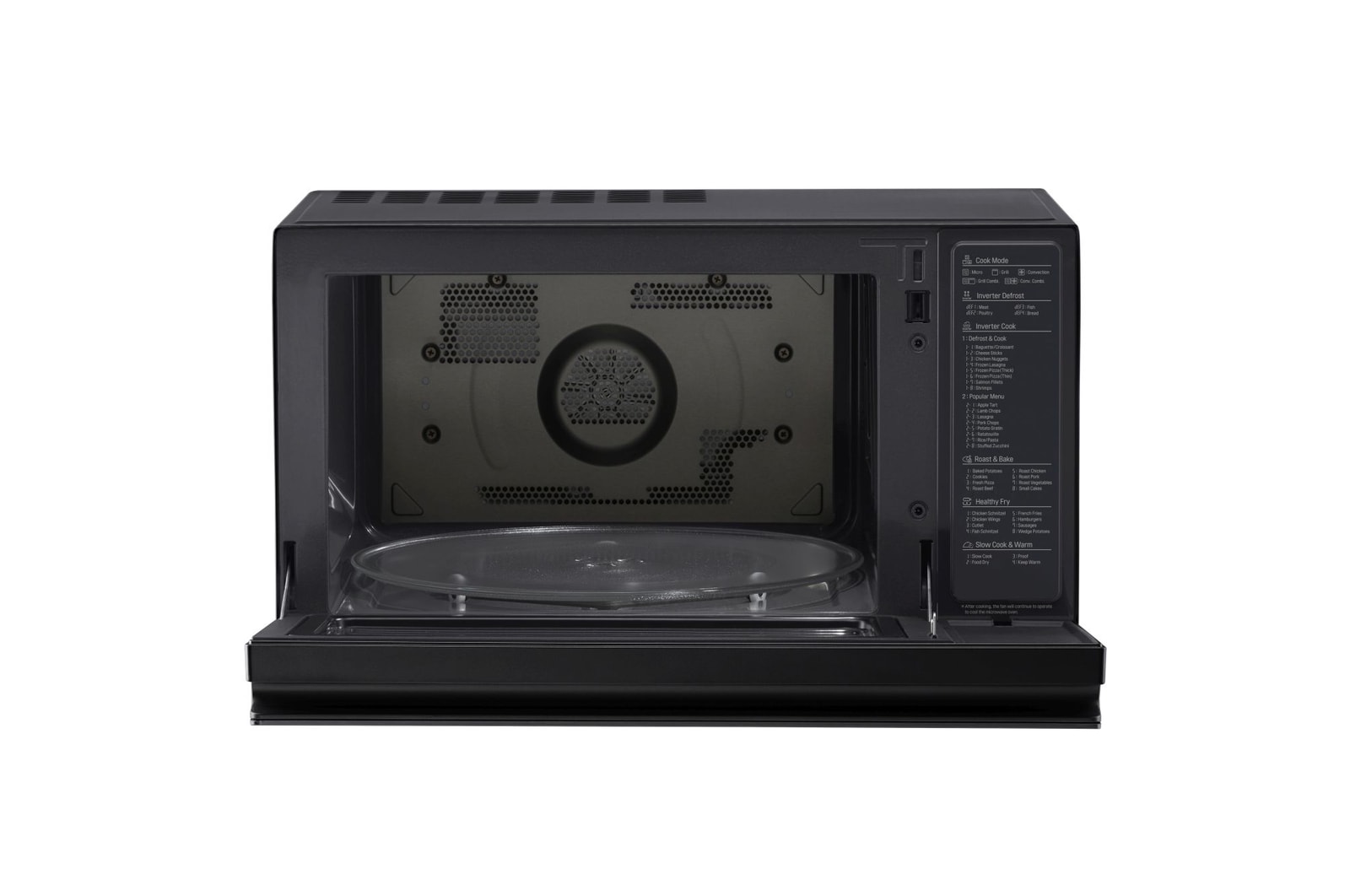 Vista frontale con sportello aperto del forno Microonde LG modello MJ3965BPB