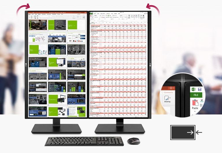 esperienza visiva ideale per l'analista di dati: consente di rivedere documenti e dati di ricerca sulla cornice sottile su tre lati del monitor con un doppio schermo e un perno bidirezionale