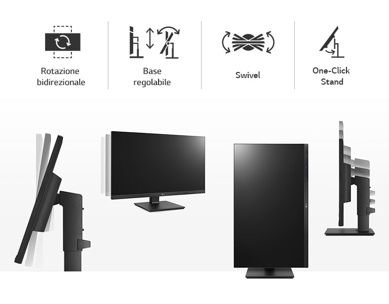 Immagini delle funzionalità di rotazione bidirezionale base regolabile, orientamento e supporto posizionabile con un clic per un ambiente di lavoro ottimizzato