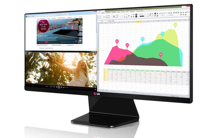 LG Monitor UltraWide® IPS LED 29 pollici, 21:9, Mac Compatibile, MC DFC 5.000.000:1, luminosità 300 cd/m2, angolo di visuale 178°/178° e attacco Vesa., 29UM65
