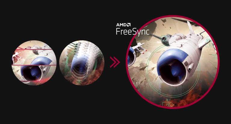 Immagine di gioco nitida con movimenti impeccabili e fluidi quando AMD FreeSync™ è attiva; effetto di tearing e scatti sullo schermo quando AMD FreeSync™ è disattivata.