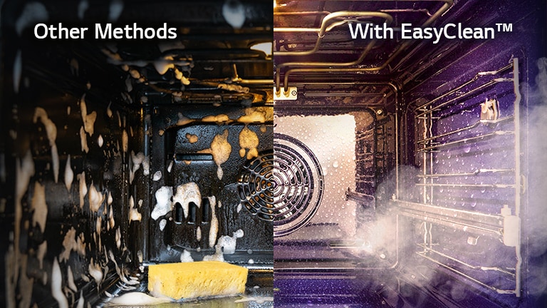 Immagine che mostra la comparazione di diversi sistemi di pulizia. A sinistra l'interno di un forno sporco e con delle detersivo schiumoso che cola, mentre a destra c'è un forno con del vapore che fuoriesce.