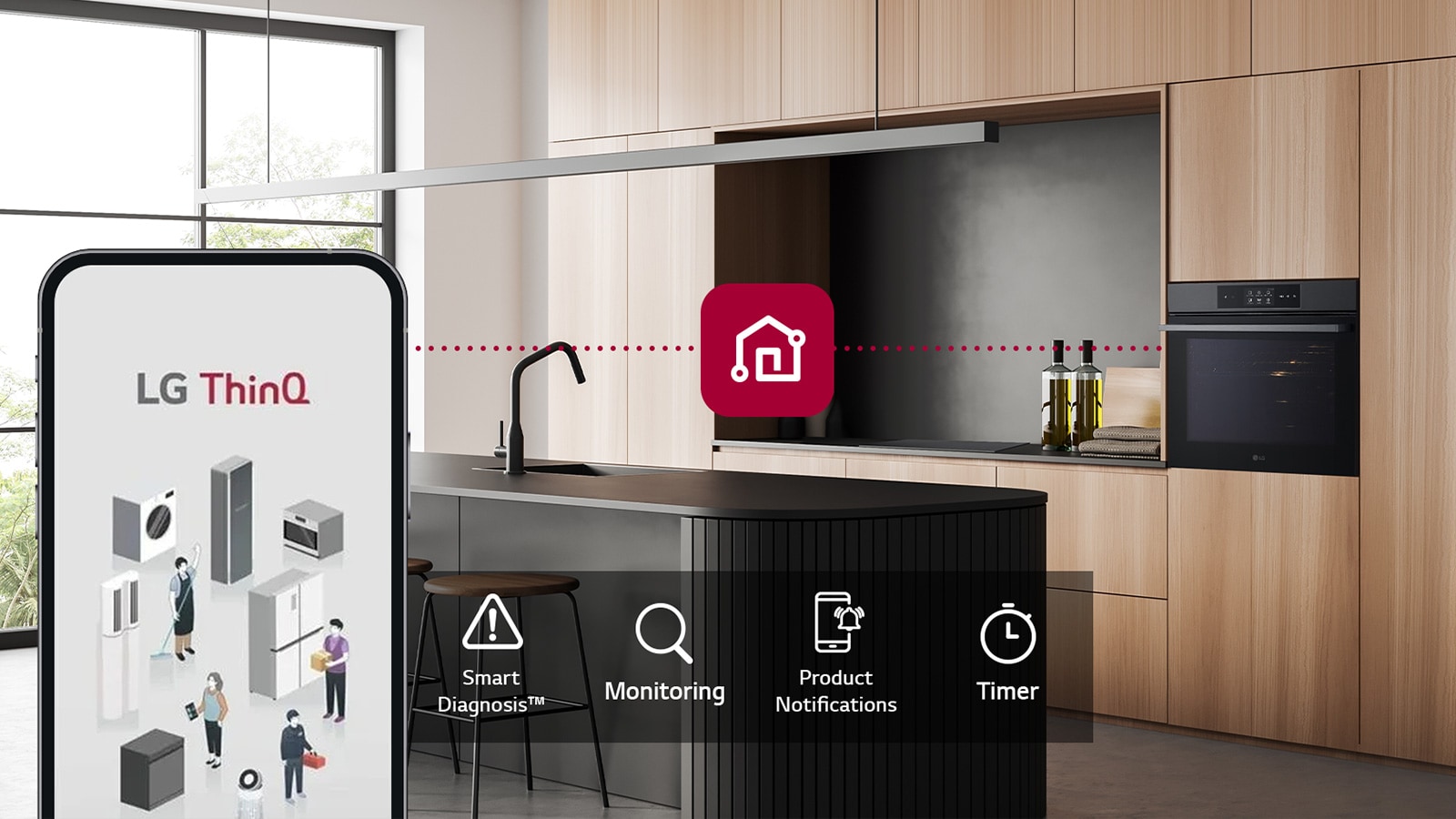 Cucina moderna con mobili in legno chiaro, elettrodomestici LG neri e un'app LG ThinQ su smartphone in primo piano.