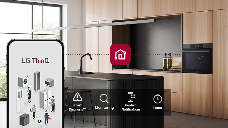 Immagine di un forno e di uno smartphone collegati tramite l'app ThinQ. Ci sono 4 icone che descrivono le funzioni smart del forno: diagnostica smart, monitoraggio, notifiche e timer.